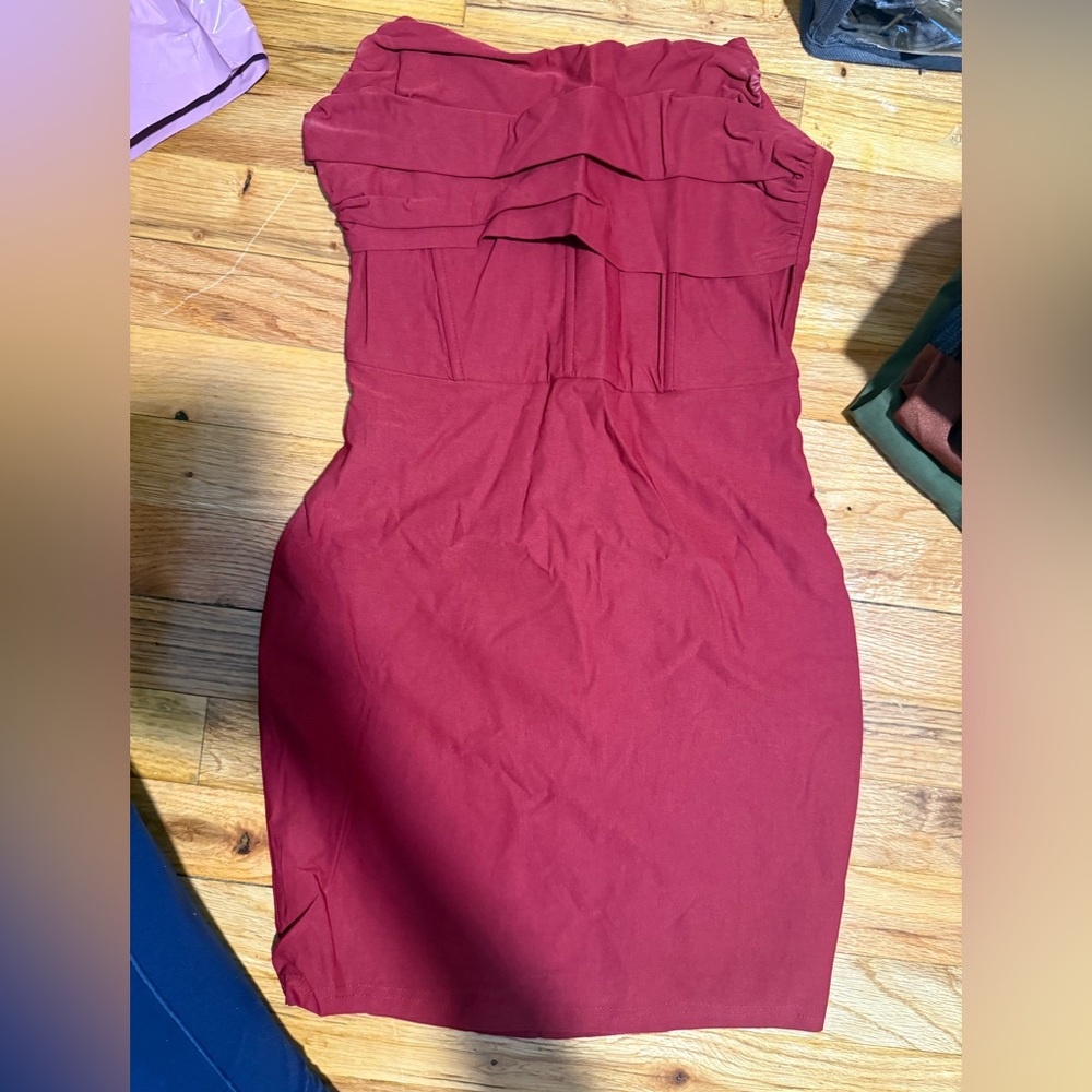 Blue Blush Strapless Burgundy Dress
